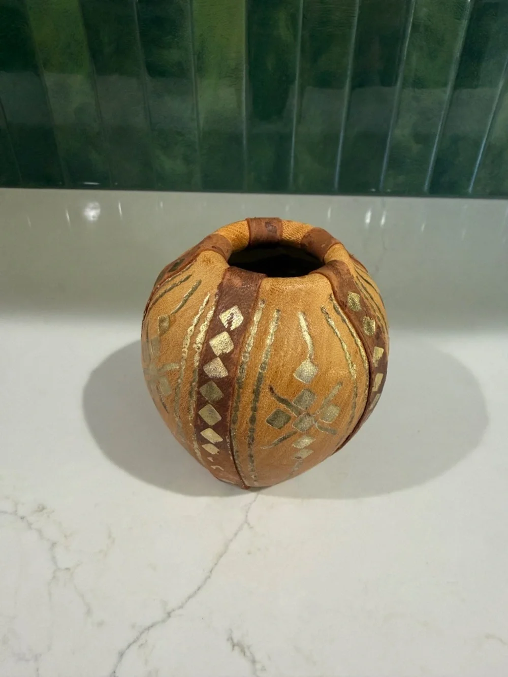 Vtg Leather Wrapped Egg Vase Tribal Décor
